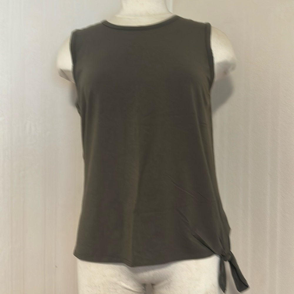 THEORY Olive Sleeveless Tie-Front Pima Cotton Blend Top L NWOT